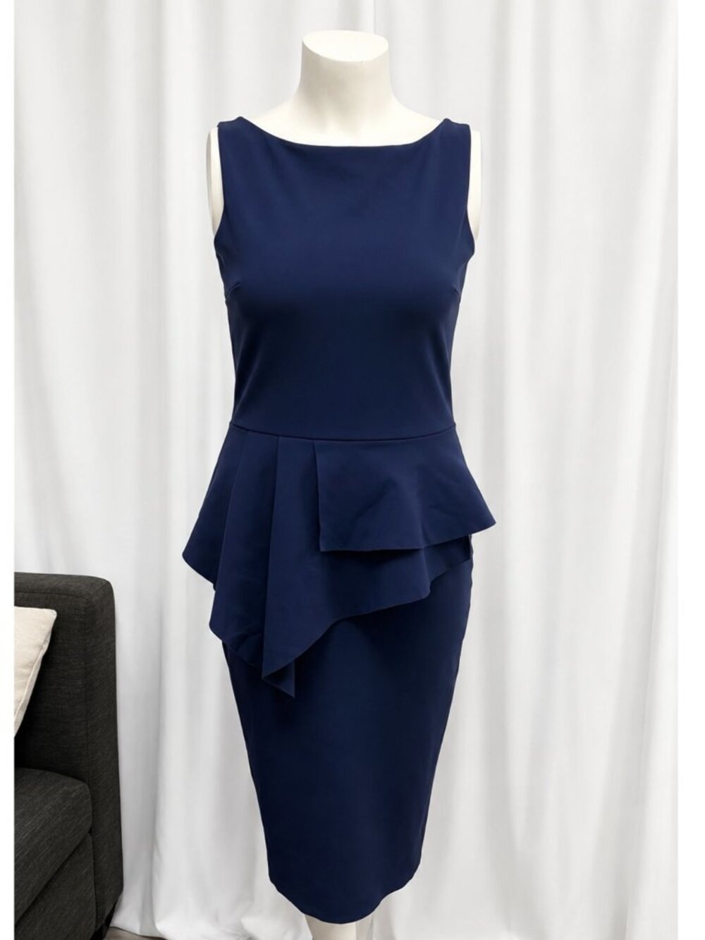 Rent the Runway-Chiara Boni Navy Peplum Midi Dress US size 12 - Picture 8 of 10